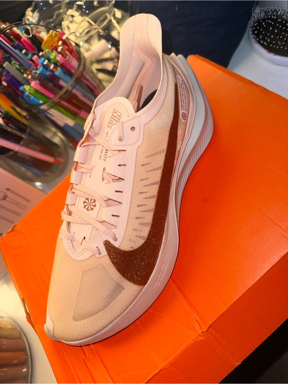Nike Women's Pale Pink Sneakers with Glitter Rose Swoosh